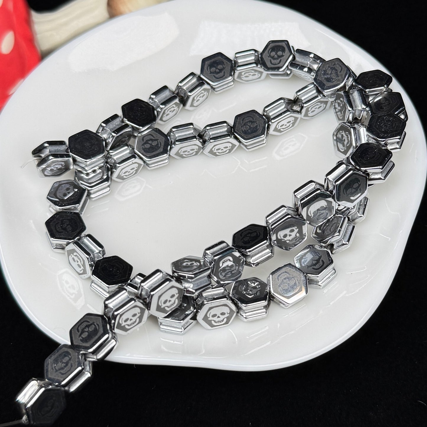Hexagon Skull Hematite Strand 8mm Crystal Bead